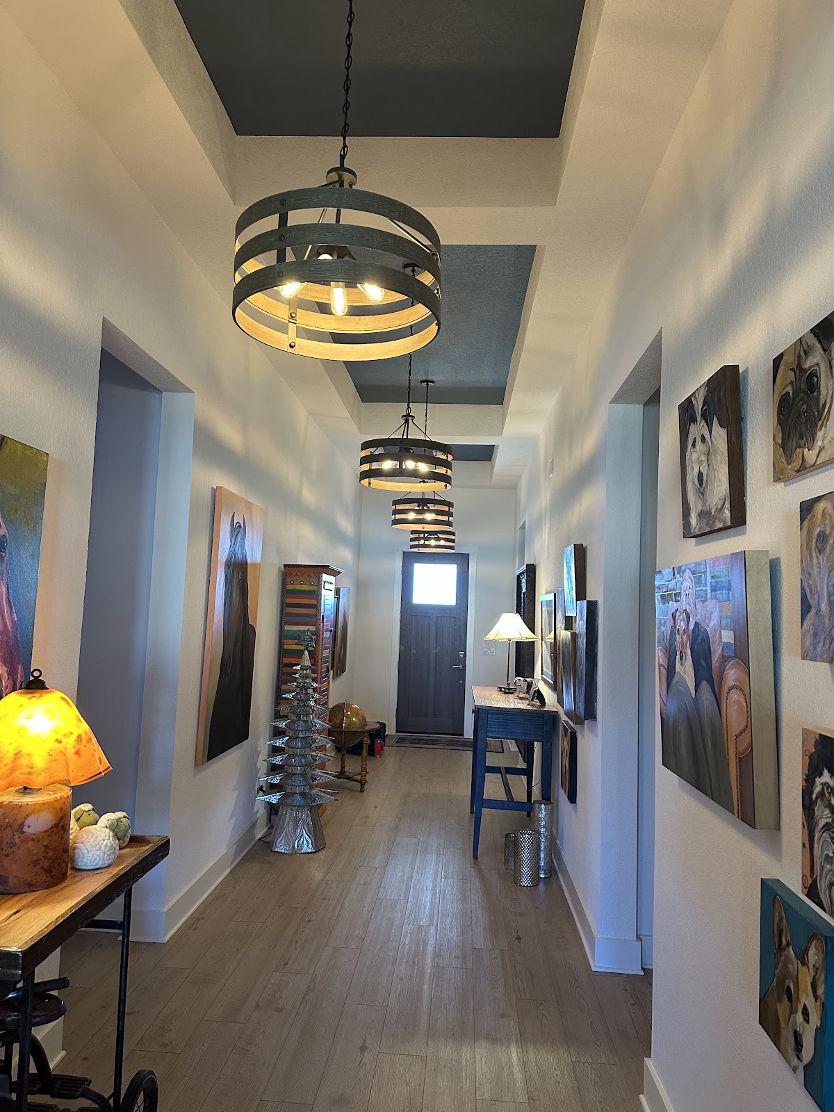 Interior hallway with pendant lighting installed